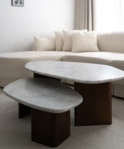 SET OF COFFEE TABLES with irregular shapes, wooden legs, marble tops, designer style