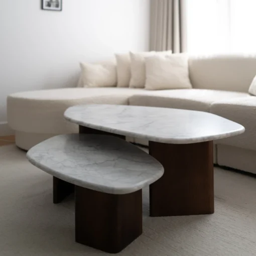 SET OF COFFEE TABLES with irregular shapes, wooden legs, marble tops, designer style