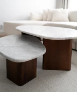 SET OF COFFEE TABLES with irregular shapes, wooden legs, marble tops, designer style, beautiful