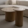 COFFEE TABLE SET in travertine and oak veneer, round, modern style