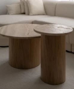 COFFEE TABLE SET in travertine and oak veneer, round, modern style