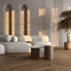 COFFEE TABLE SET in travertine and oak veneer, round, modern style, for living room