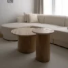 COFFEE TABLE SET in travertine and oak veneer, round, modern style, exclusive