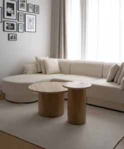 COFFEE TABLE SET in travertine and oak veneer, round, modern style, beautiful