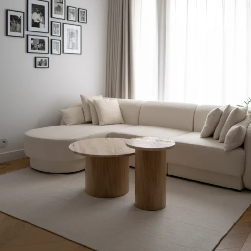 COFFEE TABLE SET in travertine and oak veneer, round, modern style, beautiful