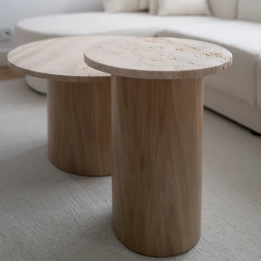 COFFEE TABLE SET in travertine and oak veneer, round, modern style, unique