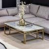 Rectangular coffee table on gold shiny frame, white top imitating marble, modern style