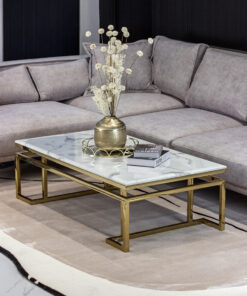 Rectangular coffee table on gold shiny frame, white top imitating marble, modern style