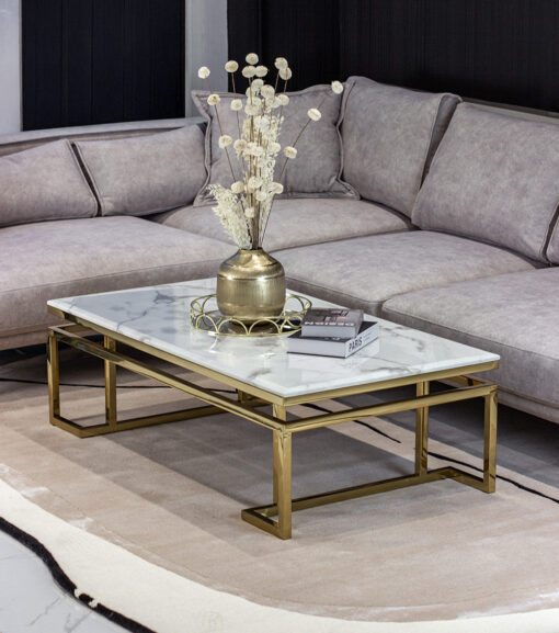 Rectangular coffee table on gold shiny frame, white top imitating marble, modern style