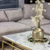 Rectangular coffee table on gold glossy frame, white top imitating marble, modern style, premium