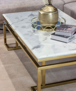 Rectangular coffee table on gold shiny frame, white top imitating marble, modern style, unique