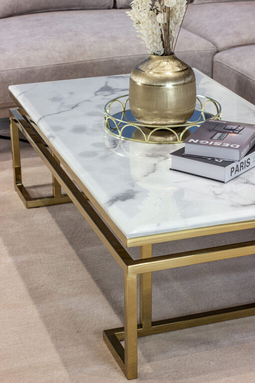 Rectangular coffee table on gold shiny frame, white top imitating marble, modern style, unique