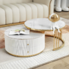 COFFEE TABLE SET 2-in-1 white fluted body and top, gold metal frames, modern style