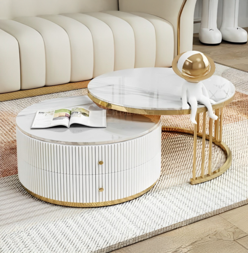 COFFEE TABLE SET 2-in-1 white fluted body and top, gold metal frames, modern style