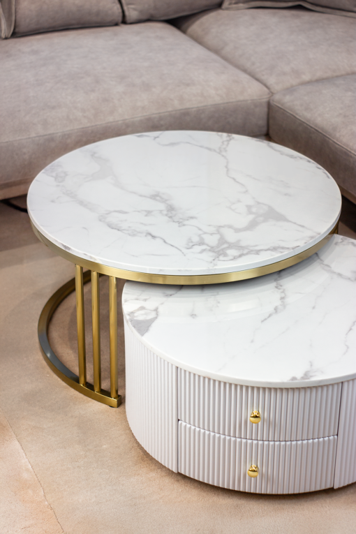 COFFEE TABLE SET 2-in-1 white fluted body and top, gold metal frames, modern style, unique