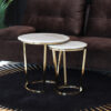 COFFEE TABLE SET on gold frame with white marble conglomerate top, glossy finish