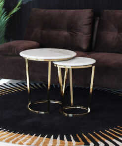 COFFEE TABLE SET on gold frame with white marble conglomerate top, glossy finish