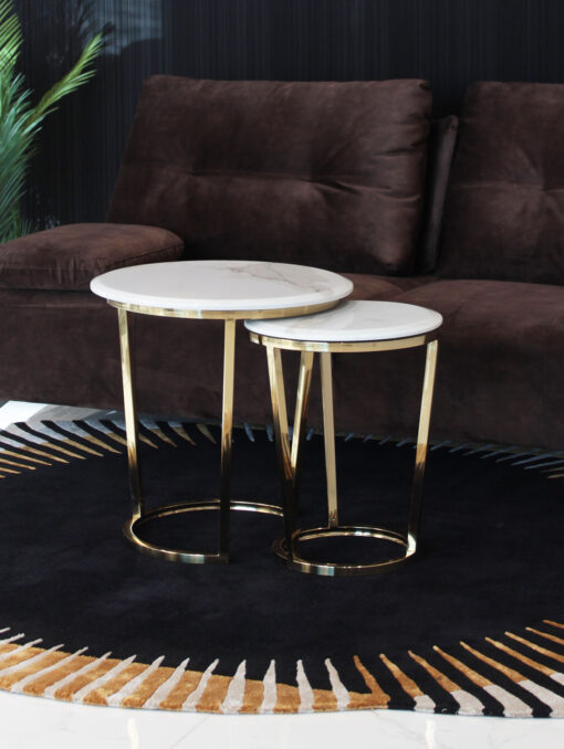 COFFEE TABLE SET on gold frame with white marble conglomerate top, glossy finish