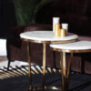 COFFEE TABLE SET on gold frame with white marble conglomerate top, glossy finish, beautiful