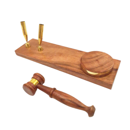 DECORATIVE FIGURE wooden gavel on base with pen stand, gift for lawyer