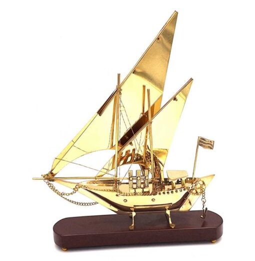 DECORATIVE FIGURE brass ship on wooden base, modern nautical style