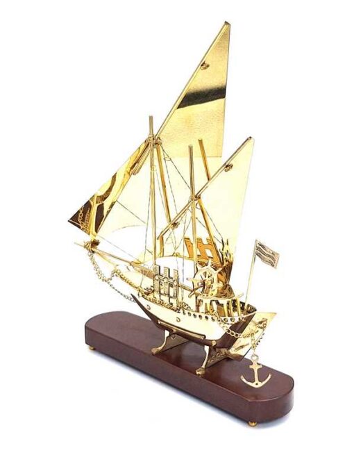 DECORATIVE FIGURE brass ship on wooden base, modern, nautical style, unique