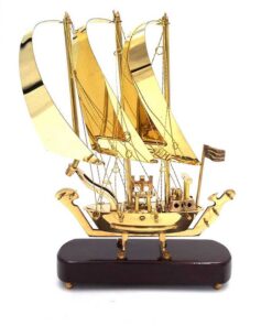 DECORATIVE FIGURE brass three-masted ship on wooden base, modern