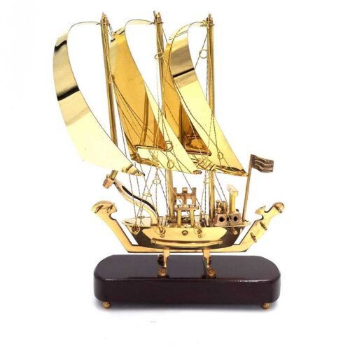 DECORATIVE FIGURE brass three-masted ship on wooden base, modern