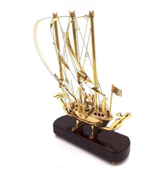 DECORATIVE FIGURE brass three-masted ship on wooden base, modern, exclusive