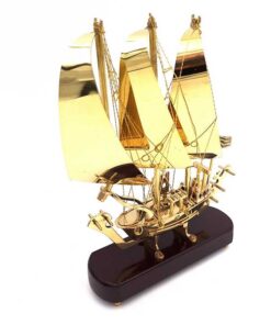 DECORATIVE FIGURE brass three-masted ship on wooden base, modern, beautiful