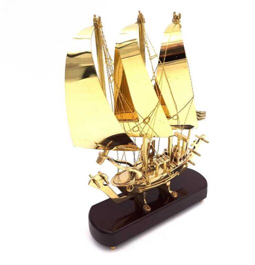 DECORATIVE FIGURE brass three-masted ship on wooden base, modern, beautiful