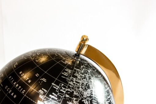 DECORATIVE GLOBUS with gold base and black and silver map, modern style, exclusive