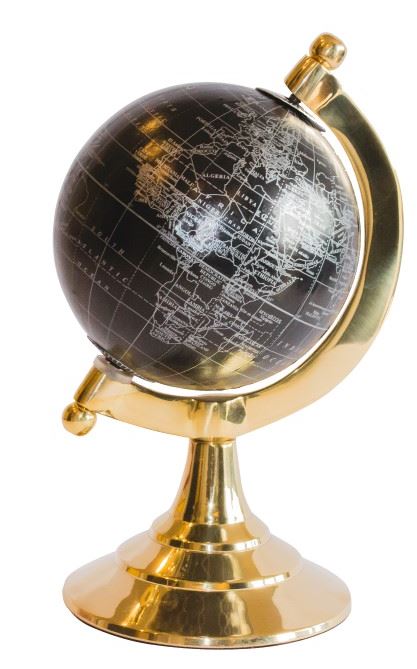 DECORATIVE GLOBUS with gold base and black and silver map, modern style, beautiful