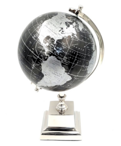 ORNAMENTAL GLOBUS on silver base, black and silver map, modern style