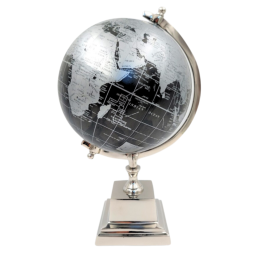 ORNAMENTAL GLOBUS on silver base, black and silver map, modern style, elegant