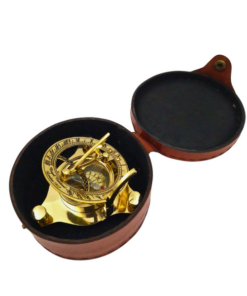 brass compass with sundial in leather case, classic style, for a gift