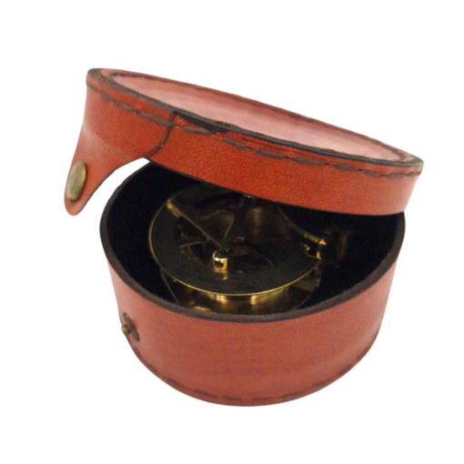 brass compass with sundial in leather case, classic style, for gift, unique