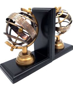 BOOK PRINTER wooden with astrolabe figurine, black and gold, set of 2 pieces