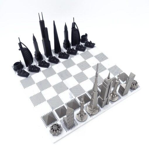 Stainless steel chessmen in the shape of famous buildings, marble chessboard, exclusive-2