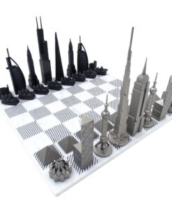 Stainless steel chess pieces in the shape of famous buildings, marble chessboard, exclusive