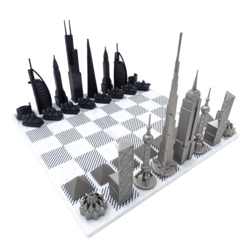 Stainless steel chess pieces in the shape of famous buildings, marble chessboard, exclusive