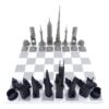 Stainless steel chess pieces in the shape of famous buildings, marble chessboard, exclusive, modern