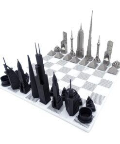 Stainless steel chess pieces in the shape of famous buildings, marble chessboard, exclusive, beautiful