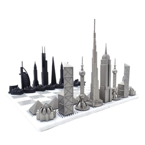 Stainless steel chess pieces in the shape of famous buildings, marble chessboard, exclusive, unique