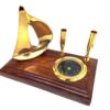 Desk SET on wooden base, gold pen stand, yacht and compass, nautical gift