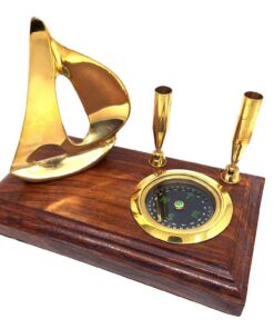 Desk SET on wooden base, gold pen stand, yacht and compass, nautical gift