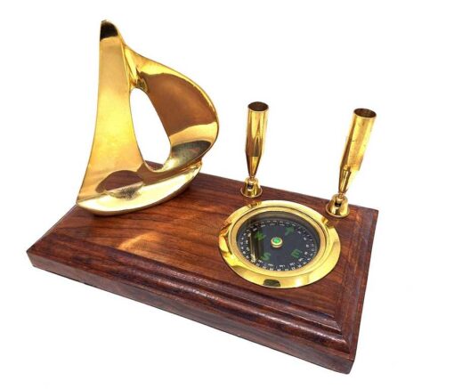 Desk SET on wooden base, gold pen stand, yacht and compass, nautical gift