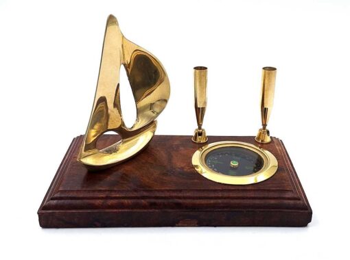 Desk SET on wooden base, gold pen stand, yacht and compass, nautical gift, elegant