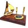 Desk SET on wooden base, gold pen stand, yacht and compass, nautical gift, beautiful