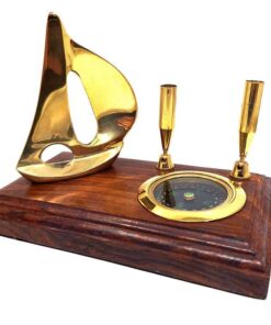 Desk SET on wooden base, gold pen stand, yacht and compass, nautical gift, beautiful